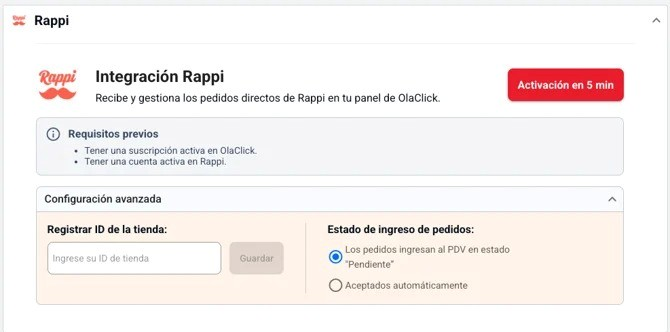 Página de integração Rappi no painel da OlaClick. Mostra o campo para registrar o ID da loja, o botão Salvar e as opções de estado de entrada de pedidos: pendente ou aceitos automaticamente. Inclui os requisitos prévios e um botão de ativação.