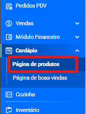Menu lateral do painel com Cardápio expandido e Página de produtos em destaque