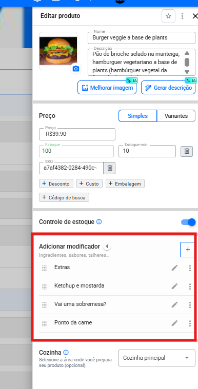 Painel Editar produto com o bloco Adicionar modificador em destaque, listando as quatro categorias associadas ao produto